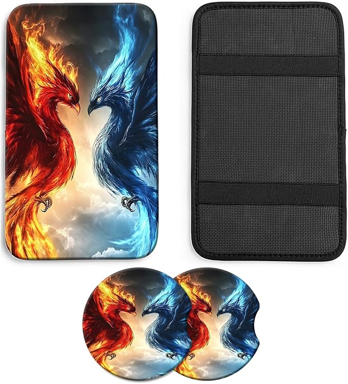 JANENFNA Car Armrest Cover Pads Universal Fashion Cute Auto Center Console Armrest Cover Pad with 2PCS Car Coasters Soft Waterproof Car Armrest Seat Protector for Women,LCE Fire Phoenix