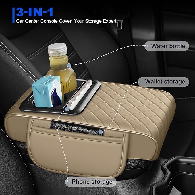 Upgraded Car Center Console Cover Fit for Subaru Impreza Thick Leather Car Armrest Cover with 2 Storage Pockets,Cup Holder,Phone Slot(Beige)