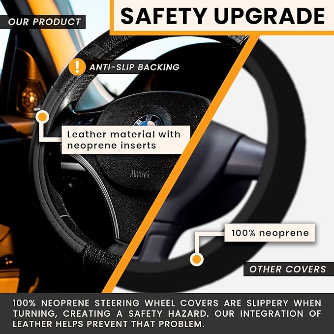Gorla Gear Black Leather Neoprene Steering Wheel Cover Women Men, Easy Fast Installation, Universal Fit 14.5 15 15.5 Inch, Anti-Slip Safer Grip Car Accessories for Automobile Truck SUV Van