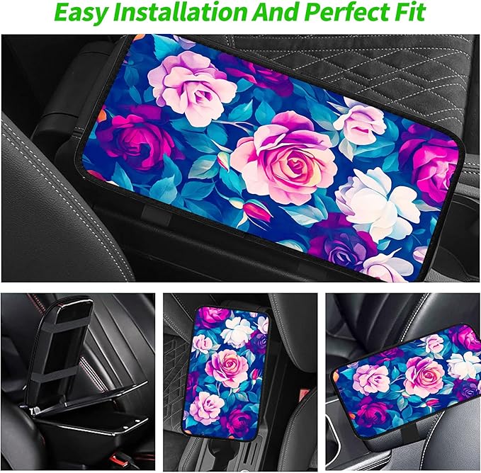 JANENFNA Car Armrest Cover Pads Universal Fashion Cute Auto Center Console Armrest Cover Pad with 2PCS Car Coasters Soft Waterproof Car Armrest Seat Protector for Women,Colorful Rose