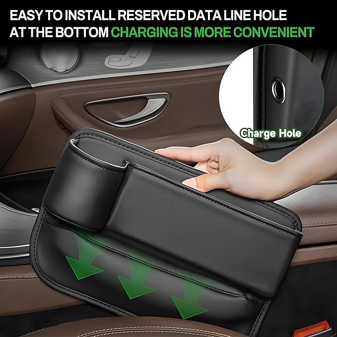 AIUSLN 2026 Upgraded 2 PC (L+R) Premium Leather Car Seat Gap Filler Organizer with Cup Holder & Storage Slot/Bag– Fits Front Seat, Holds Phone, Glasses, Cards,Keys,Car/SUV/Truck Christmas Gifts