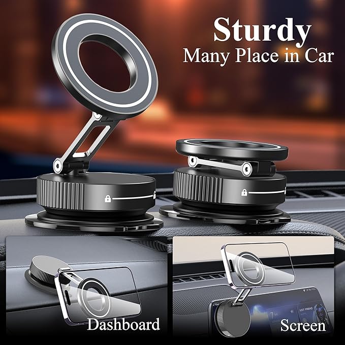 LnkXT Vacuum Magnetic Phone Holder for Car,Full Metal Body,Vacuum Suction Phone Mount,Magsafe Car Mount for iPhone, Folding Holder for iPhone and Android