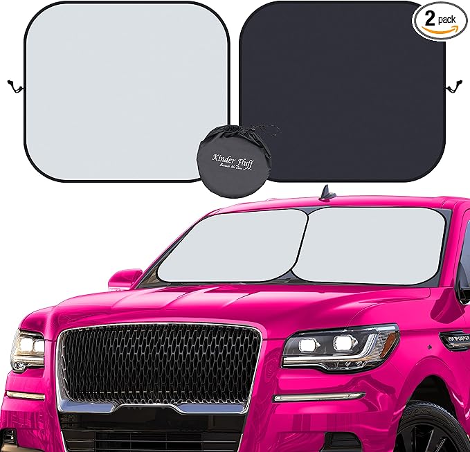 kinder Fluff Windshield Sunshade| Reflective Patented Car Sun Protection - Certified 99% UVR Block - Cool Interior | Foldable 2-Piece Sun Cover | Automotive Accessories for Summer Heat | Large Size