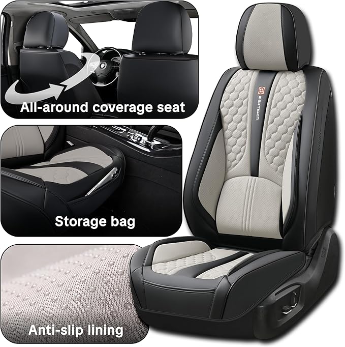 Wertigen Black and Grey PU Leather Car Seat Covers - Luxury Waterproof Car Seat Covers with Lumbar Support, Non-Slip Base, Airbag Compatibility, Easy Installation and Cleaning