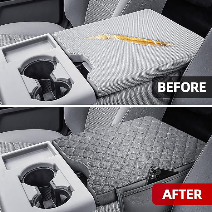 Center Console Cover Fit for Ford F150 2015-2025,2017-2025 F250 F350 F450 with 40/20/40 Jump Seat Armrest Accessories, Leather Armrest Cover Cushion with 2 Side Pockets Gray (Only Jump Seat)