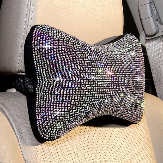 2 Pcs Colorful Bling Car Neck Pillow for Car Seat Driver, Auto Seat Headrest Cushion Driving Relax Neck Support Crystal Rhinestone Diamond Rainbow Bling Accessories for Woman