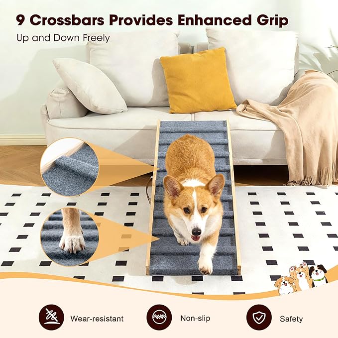 Dog Ramp for Bed, 47.3" Long Wooden Pet Ramp for Small & Large Dogs, 4 Adjustable Heights 13.8" to 26" with Anti-Slip Carpet & Carrying Handle Holds, Portable Dog ramps for Car, Bed, Couch, Outdoor