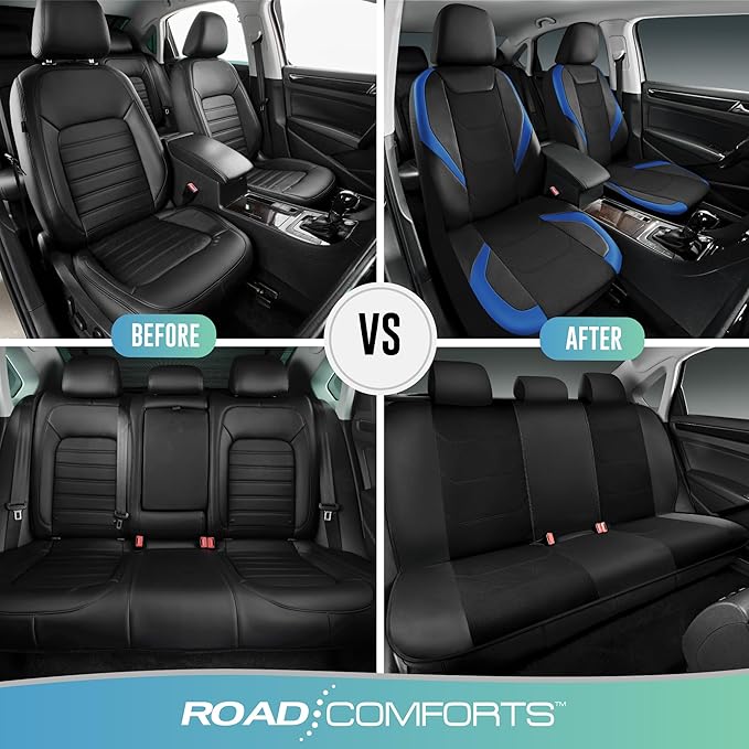 Road Comforts Car Seat Cover Full Set, Leather Mesh Seat Covers, Airbag Compatible, Universal Fit for Most Cars, SUVs, Trucks, and Vans - Blue