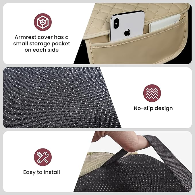 Upgraded Car Middle Center Console Cover,Microfiber Leather Car Armrest Cover Cushion with 2 Storage Bags,Universal Car Armrest Storage Box Car Interior Accessories for Most Vehicles (Beige)