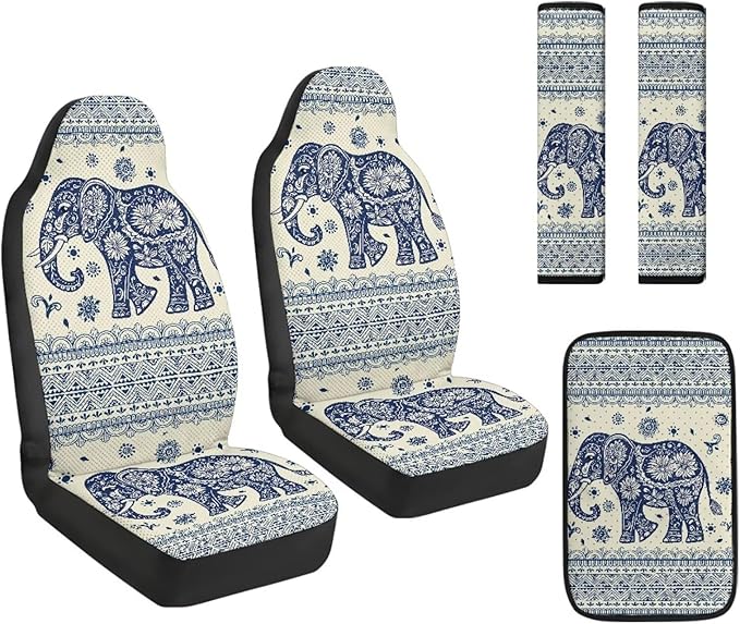 FUSURIRE Car Accessories Set, 5PCS Ethnic Elephant Pattern Vehicle Kit with PU Front Seat Covers, Seat Belt Covers & Center Armrest Pad, Universal Automotive Interior Ornament