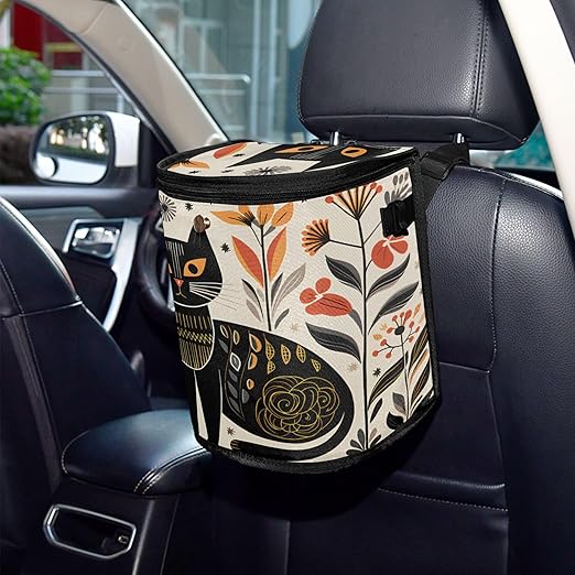 MNSRUU Car Trash Can with Lid, Black Cat Flowers Car Trash Bag Hanging Organizers and Storage for Front Back Seat, Leak-Proof Trash Bin