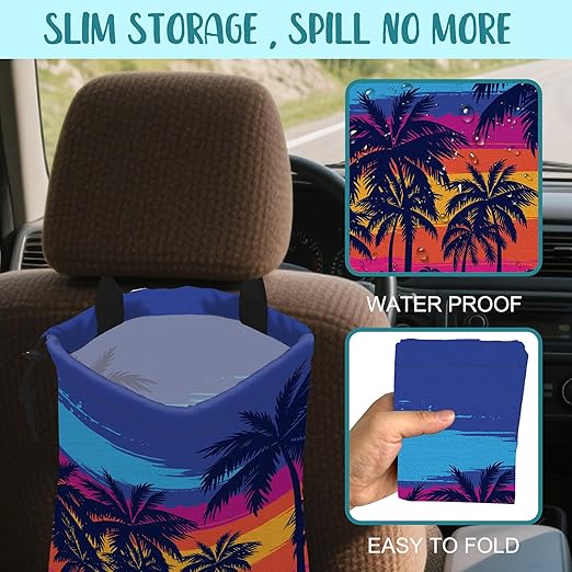 KXWQTRDD Car Garbage Bag Blue Palm Trees Orange Sunset Hanging Canvas Car Trash Bag Waterproof Drawstring Car Back Seat Organizer for Car Back Front Seat Console with Adjustable Buckle