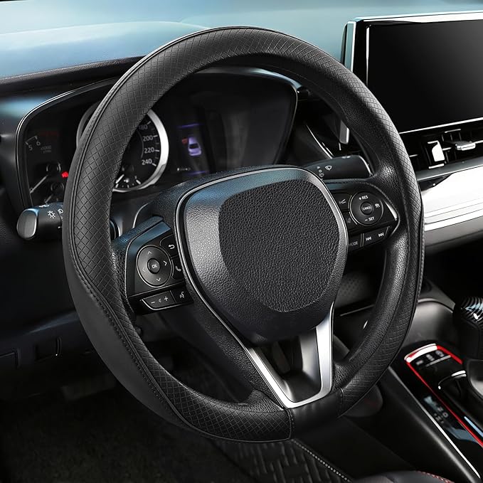 SEG Direct Steering Wheel Cover 14-14.25 inch (35.5-36 cm) Small Size, Microfiber Leather, Non-Slip Comfortable Grip, Fits Cars Prius Civic Model 3 Model Y Camaro, Black