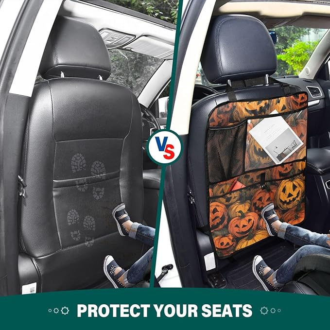 2 Pack Back Seat Car Organizer with Storage Pockets Kick Mats Back Seat Protector Hanging Car Organizer Automotive Seat Back Cover Organizers Cartoon Orange Halloween Pumpkin Lanterns