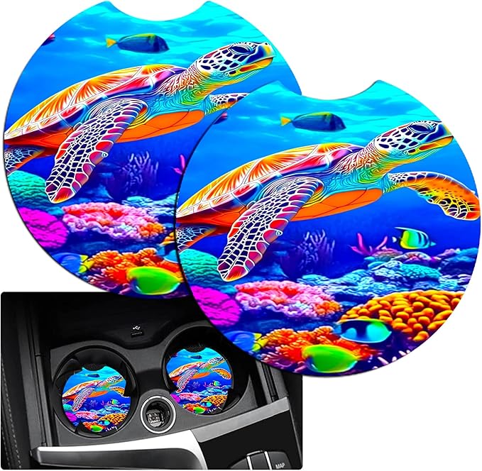 JANENFNA Car Armrest Cover Pads Universal Fashion Cute Auto Center Console Armrest Cover Pad with 2PCS Car Coasters Soft Waterproof Car Armrest Seat Protector for Women,Colorful Turtles in Sea