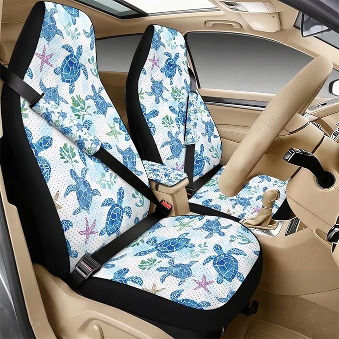 Oramclsy Turtle Car Front Seat Covers Protector Accessories with PU Breathable Armrest Pad and Seat Belt Cover 5 Pack Set Interior Decor All Season Protector