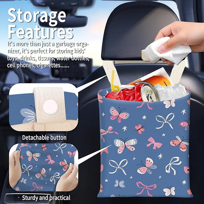 BEAKND Hanging Car Garbage Bag, Cute Car Trash Can Bag, Automotive Accessories for Women Men Cute Blue Pink Butterfly Bow
