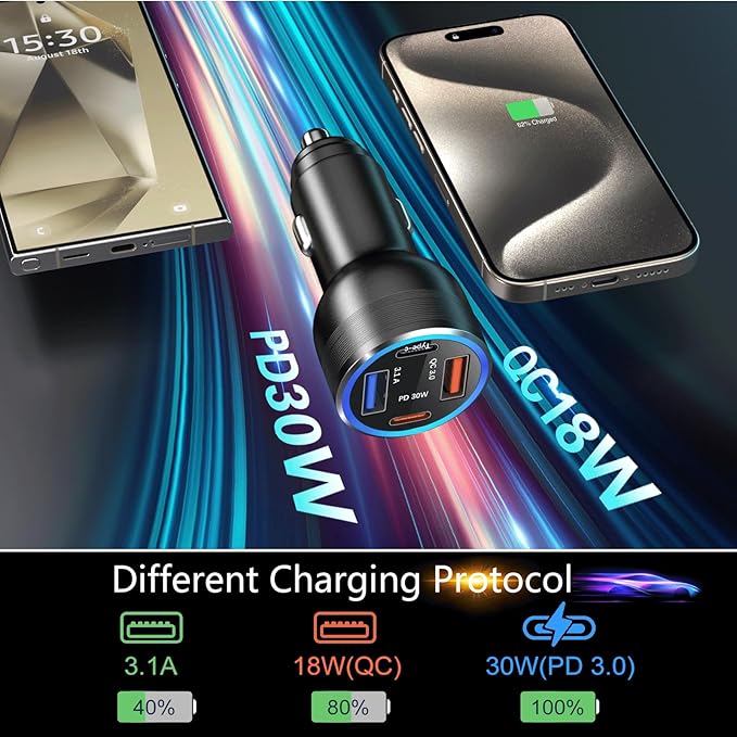 65W Super Fast Type C Car Charger for Samsung Galaxy S26 S25 S24 S23 S22 Ultra, 2Pack 4-Port USB C Car Charger for Samsung A13 A14 A16 A17 A03S A10E S20FE Android Car Adapter+5FT Type C Coiled Cable