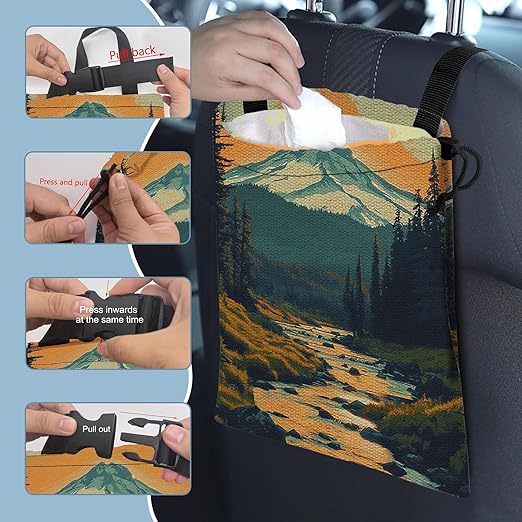 Forest Mountains Car Garbage Bag,Sunset in River Small Car Trash Bag Hanging,Drawstring Car Garbage Bag with Adjustable Buckle for Car Back Seat,SUVs,Camping,Road Trips