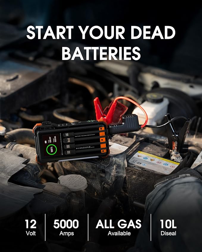 Solar Jump Starter, 5000A Peak 12V Car Battery Jump Starter for Up to 10.0L Gas & 6.0L Diesel Engines, Jumper Cables & Solar Power Bank, Car Accessories & Gift for Men, Husband, Dad, Organge