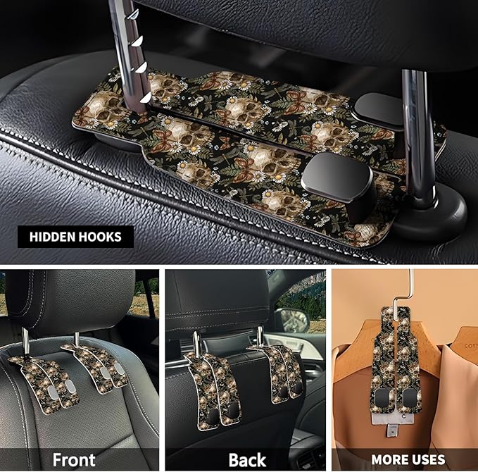 NUGGHU Car Seat Headrest Hook, Universal Leather Cute Hanger Holder Hook, Storage Organizer Interior Accessories for Purse Bags Handbag Cute Retro Flower Skulls