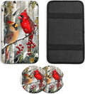 JANENFNA Car Armrest Cover Pads Universal Fashion Cute Auto Center Console Armrest Cover Pad with 2PCS Car Coasters Soft Waterproof Car Armrest Seat Protector for Women,Snowy Cardinals