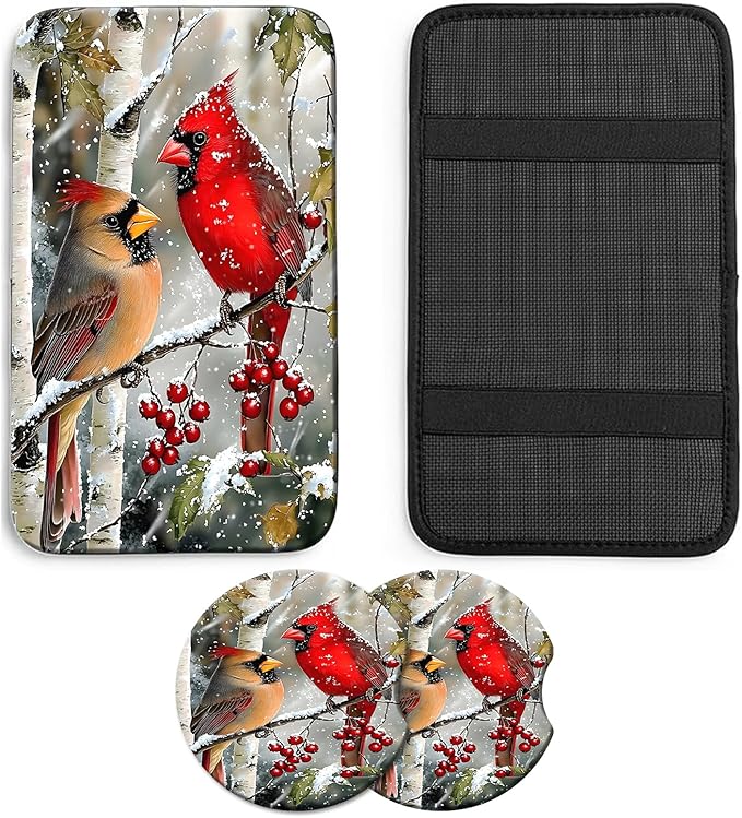 JANENFNA Car Armrest Cover Pads Universal Fashion Cute Auto Center Console Armrest Cover Pad with 2PCS Car Coasters Soft Waterproof Car Armrest Seat Protector for Women,Snowy Cardinals