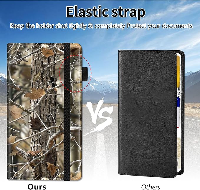 Qindaiwen Car Registration and Insurance Holder, Vehicle Card Document Elastic Band Closure Glove Box Organizer, Driver License Cards, Car Accessories for Essential Info, Camouflage Wood