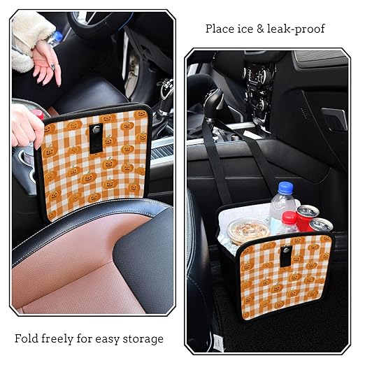Car Trash Can Organizer Bin with Adjustable Strap for Back Front Seat Console Waterproof Leakproof Collapsible Portable 11 Inch Halloween Orange Plaid Pumpkin Heads