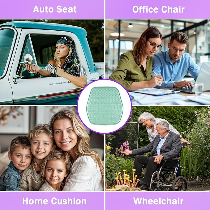 Thin Gel Seat Cushion for Car Seat, Office Chair, Wheelchair, Golf Cart - Non-Slip Car Seat Cushions with 0.7 Inch Gel - Sciatica & Coccyx Pain Relief (Leather, Green)
