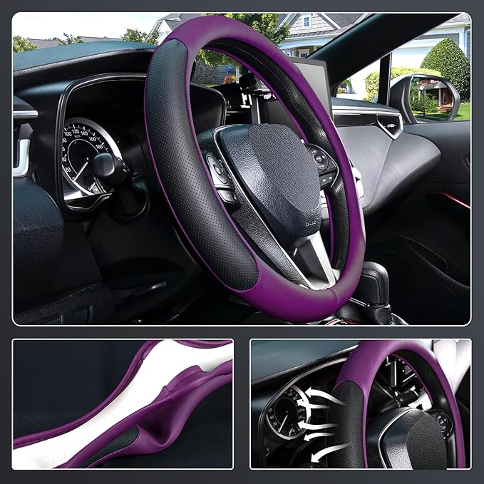 SEG Direct Steering Wheel Cover for 14.5-15 inch Wheels, Breathable PU Leather with Perforated Sides, Anti-Slip Grip, Universal Fit for Cars & SUVs, Black and Dawn Purple