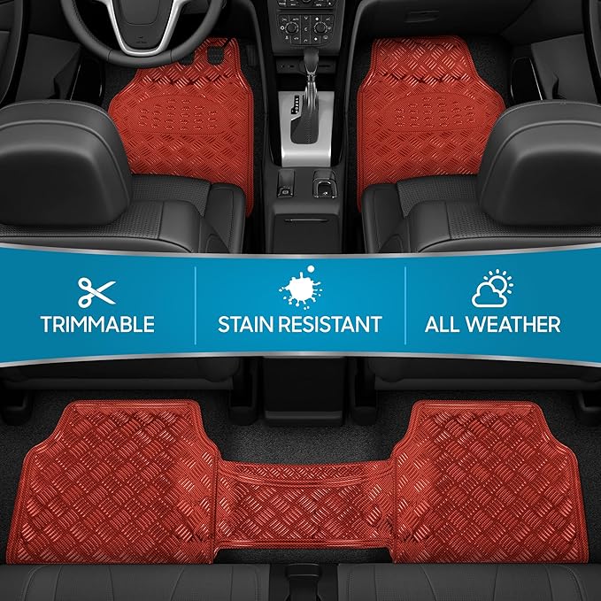 BDK Metallic Chrome Car Floor Mats All-Weather Universal Fit Automotive Floor Mats for Cars SUVs, Floor Mats for Trucks, Car Mats Full Set Front & Rear, Non-Slip Shiny Durable Heavy Duty - Red
