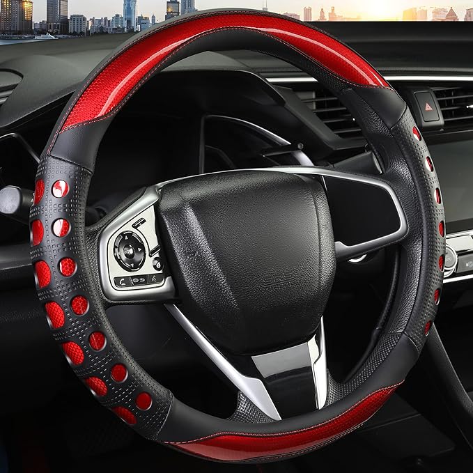 QCYP PU Leather Car Steering Wheel Cover with Anti-Slip Grip, for Women and Men, Universal Fit for 14.5-15 Inch Cars, Trucks, SUVs (Red (Round), Medium(Standard) Size[14 1/2''-15''])