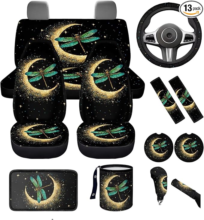 Dngkaoje Moon Dragonfly Car Seat Covers Full Set 13 Pcs Universal Car Interior Accessories Black Moon Dragonfly Steering Wheel Covers Armrest Pads Handbrake Gear Cover,Fit for Most Truck SUV