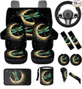 Dngkaoje Moon Dragonfly Car Seat Covers Full Set 13 Pcs Universal Car Interior Accessories Black Moon Dragonfly Steering Wheel Covers Armrest Pads Handbrake Gear Cover,Fit for Most Truck SUV