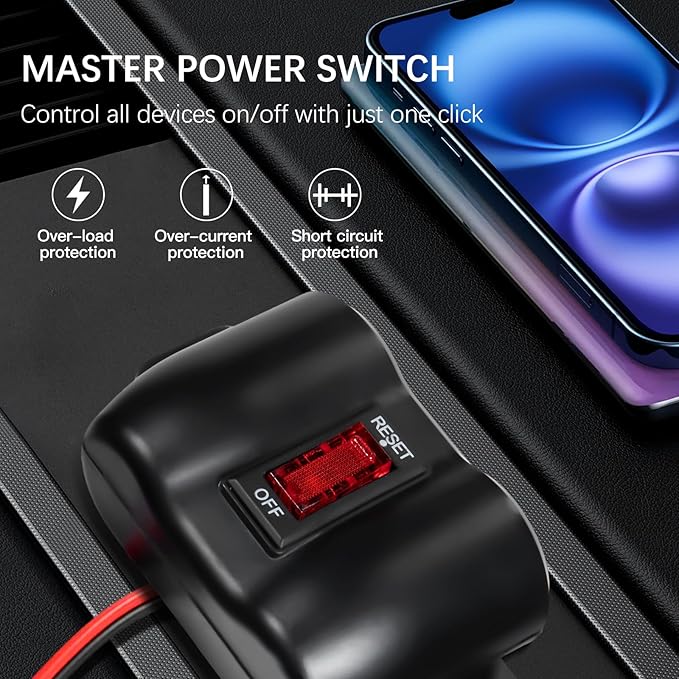 Dual USB Outlet 12V Cigarette Lighter Socket with Switch, PD3.0 USB C and QC3.0 USB Port Car Charger with Voltmeter, 12 Volt Power Outlet Adapter for Boat Marine Truck RV UTV Golf Cart