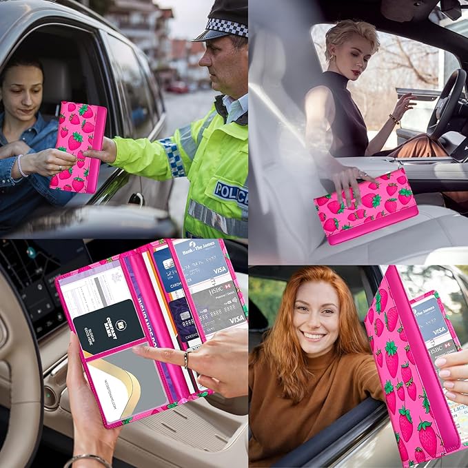 FinestHouse Car Registration and Insurance Holder with Magnetic Closure, Universal Document Organizer for License, Insurance Cards & Glove Box Storage (Strawberry-Hot Pink)