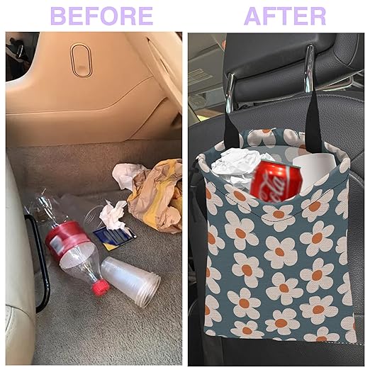 UUCBTAH Car Trash Bag Cute Flowers Car Trash Bin Leakproof Waterproof Car Trash Can for Back Seat, Foldable Car Garbage Bag with Adjustable Straps and Drawstring for Car Accessories