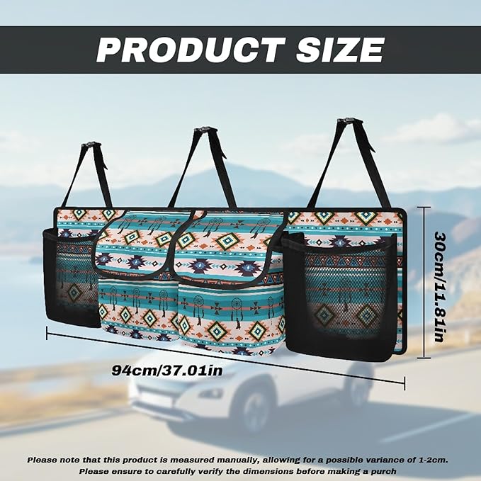CLOHOMIN Blue Aztec Trunk Organizer for Car Fashion Car Storage Oraganizer Washable Back Seat Hanging Storage with 4 Large Pockets Multi Cargo Storage Bag for SUV Car Sedan