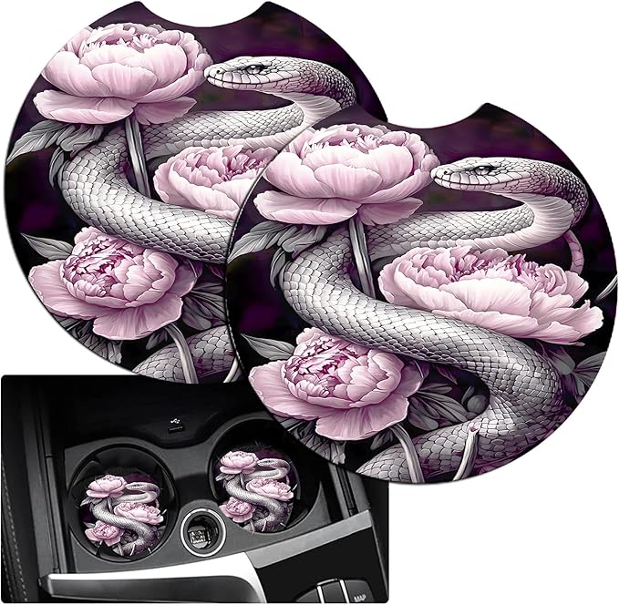 JANENFNA Car Armrest Cover Pads Universal Fashion Cute Auto Center Console Armrest Cover Pad with 2PCS Car Coasters Soft Waterproof Car Armrest Seat Protector for Women,Snake Pink Peonies