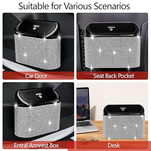 NBTEPEM Bling Car Trash Can with Lid - 2 Pack, Mini Auto Garbage Can with 60 Trash Bags, Automotive Garbage Container Bin, Bling Car Accessories Trash Can for Women (Silver Diamond)
