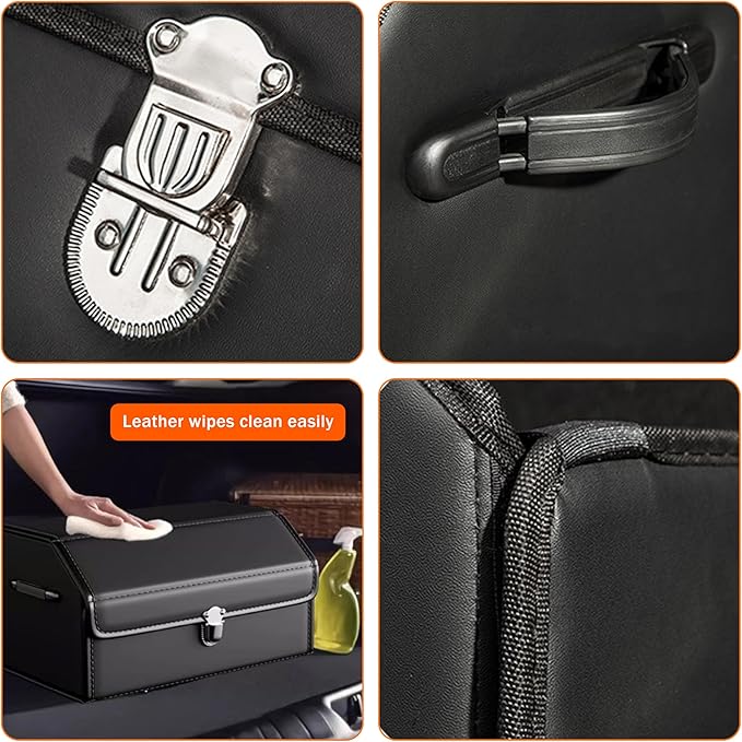 POKSRI Trunk Organizer,car organizers and storage,black Leather Storage Box with lid,Fiberboard,Collapsible,15''L x 13''W x 12.4''H,2K inches³(size A)