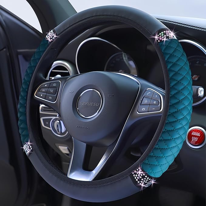 Bling Soft Leather Steering Wheel Cover 15 Inch with Sparkly Diamond Rhinestones for Women and Girls – Elastic Car Accessory for Most Cars (Dark Green)