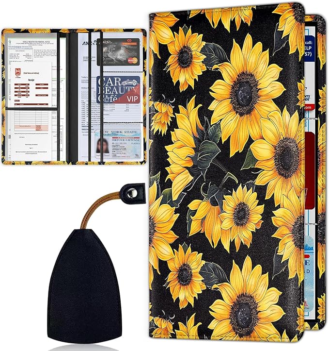Car Registration and Insurance Card Holder for Women Men, Waterproof PU Leather Glove Box Car Organizer with Magnetic Shut, Vehicle Document Holder for Driver License,Cards, Sunflower Pattern
