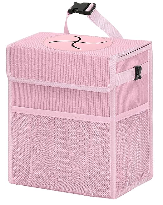 HORJONES Corduroy Car Trash Can with Lid and Mesh Pockets - Leakproof Organizer,Multipurpose Waterproof Garbage Can/Trash Bin for Car(Light Pink-2 Gallons)
