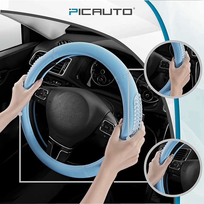 PIC AUTO Steering Wheel Cover, Glitter Gel Particles & Blue Luxury Leather Car Steering Cover, Universal Fit 14.5"-15.5" Anti-Slip Car Wheels Cover for Girls & Women