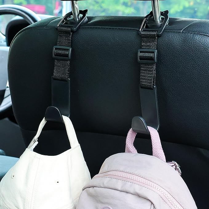 Amooca Car Headrest Hooks 4 Pack Adjustable Universal Fit Auto Seat Back Organizer Storage Hanger Purse Bags Holder with Clip Black