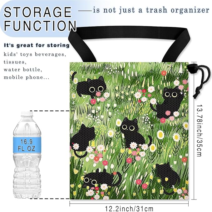 GEGEPINK Car Trash Bag Hanging Back of Seat Waterproof Small Cute Printed One-Handed Strap Drawstring Garbage Bags for Car-Black Cat Floral