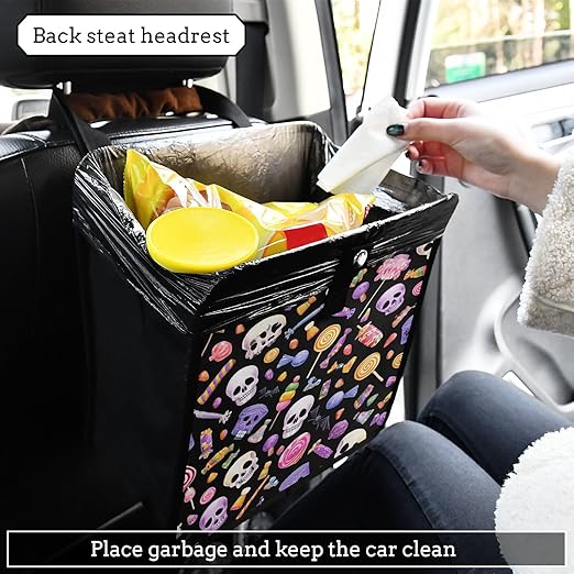 Car Trash Can Organizer Bin with Adjustable Strap for Back Front Seat Console Waterproof Leakproof Collapsible Portable 11 Inch Halloween Skulls Lollipops Candies