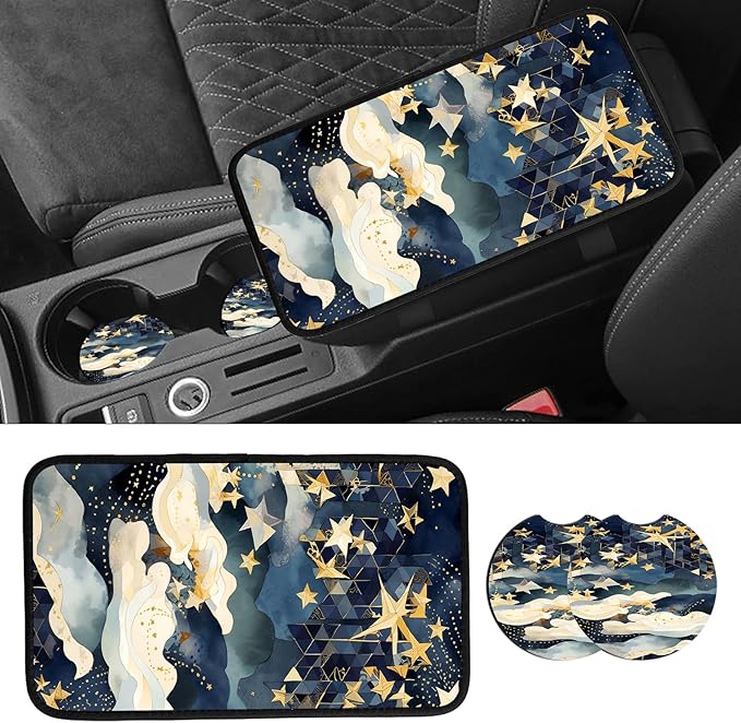 JANENFNA Car Armrest Cover Pads Universal Fashion Cute Auto Center Console Armrest Cover Pad with 2PCS Car Coasters Soft Waterproof Car Armrest Seat Protector for Women,Stars and Clouds